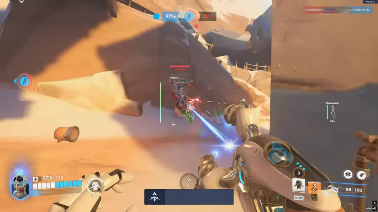 Overwatch 2 aimbot FOV cone and smoothing overlay during a hitscan duel