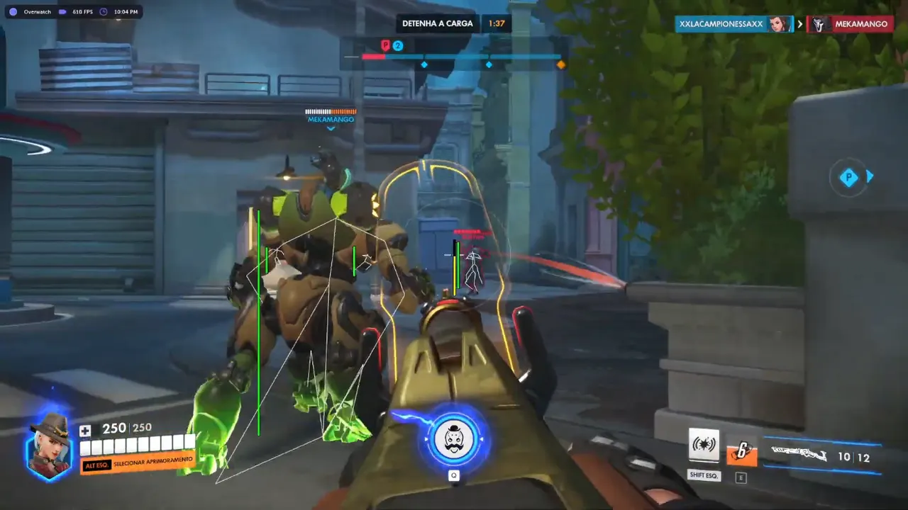 OW2 cheats overlay with aimbot FOV, wallhack boxes, and triggerbot gate on a competitive point