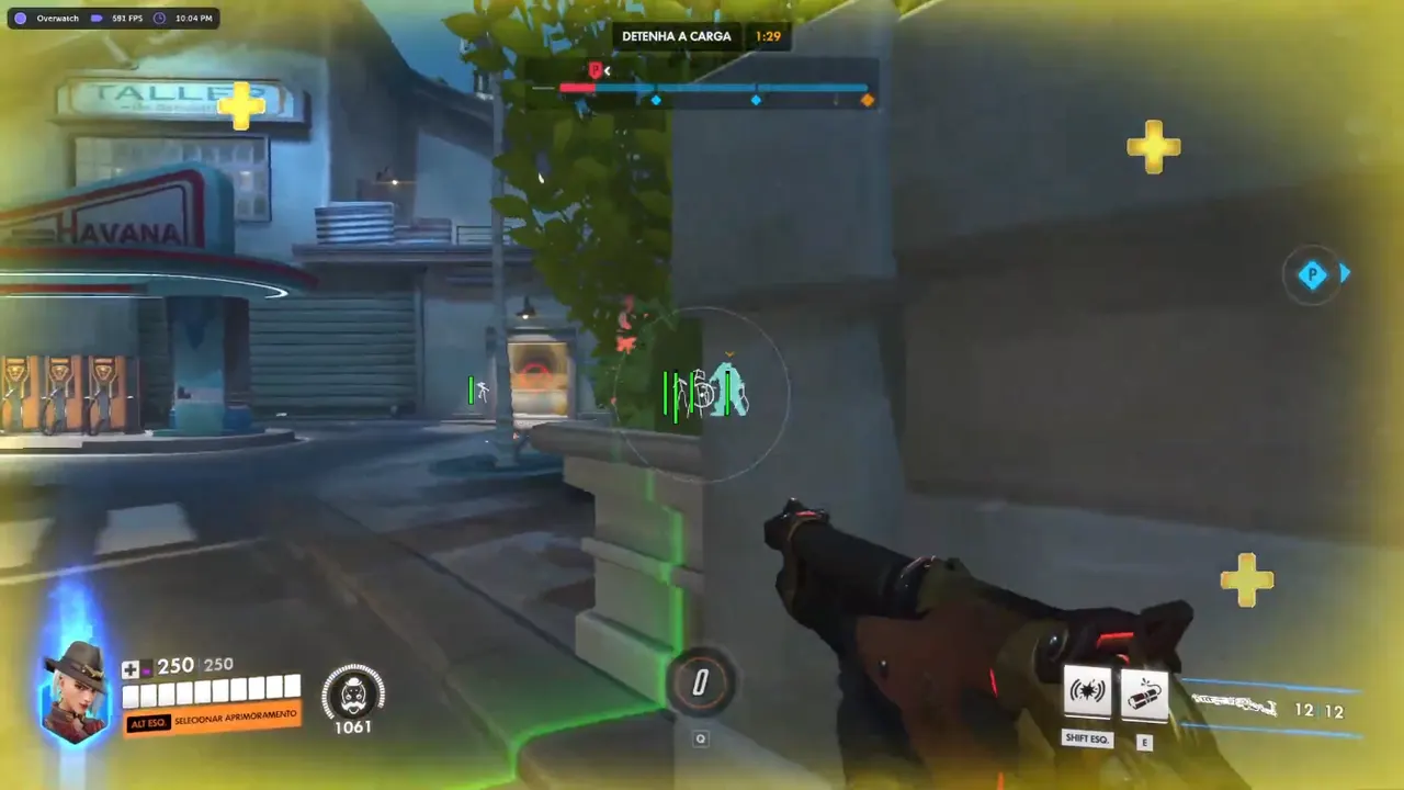 Overwatch aimbot soft aim FOV cone and bone targeting overlay on a hitscan duel