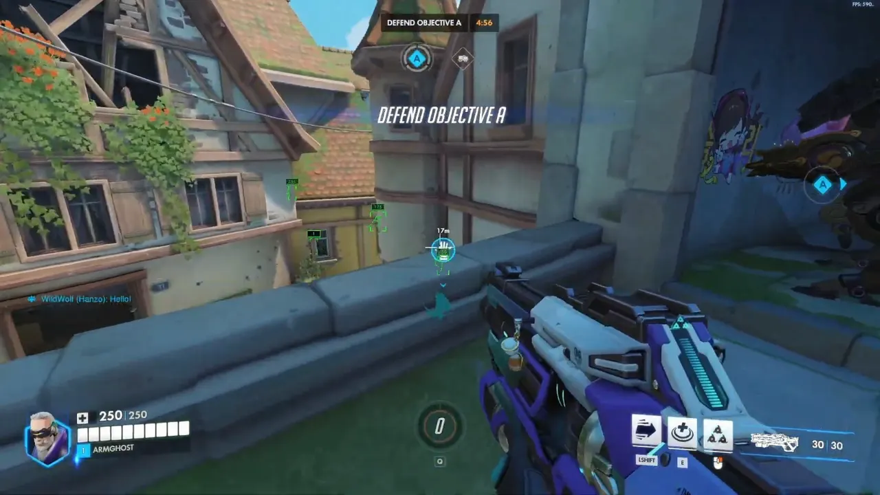 Overwatch wallhack ESP boxes with health bars and distance readouts through a map wall