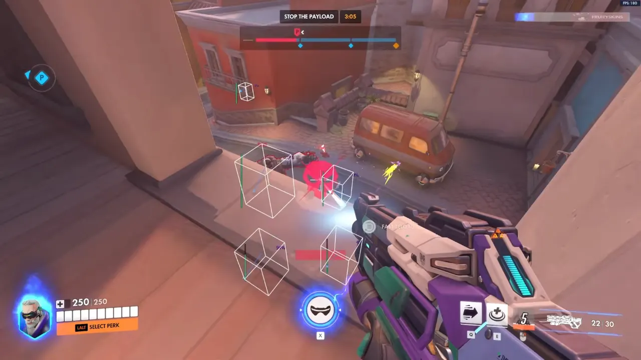 Overwatch cheats usage tips: conservative ESP distance on an OW2 payload map