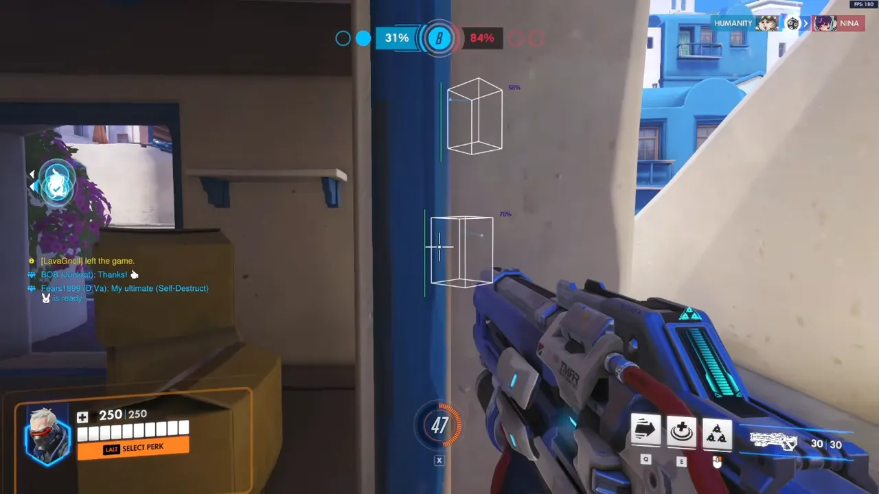 Overwatch hacks ESP boxes during an OW2 street fight on a hybrid map