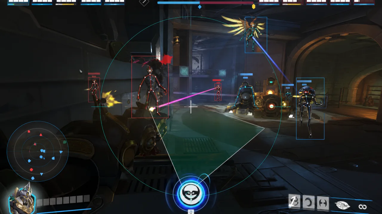 Crosshair and FOV cone overlay on a dark Overwatch 2 combat grid