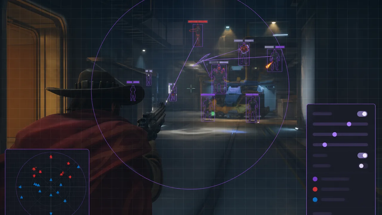 Abstract orange ESP box overlays on a dark Overwatch 2 competitive grid