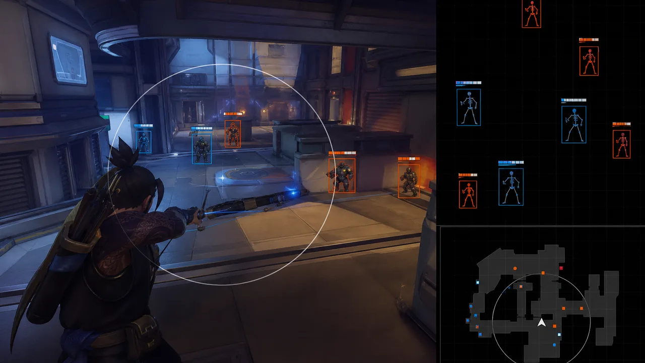 Stylized player ESP boxes rendered over a dark Overwatch 2 tactical grid