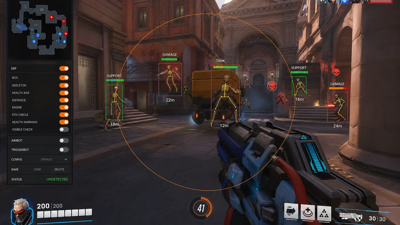 Distance readout and health bar ESP elements on a dark overlay mockup