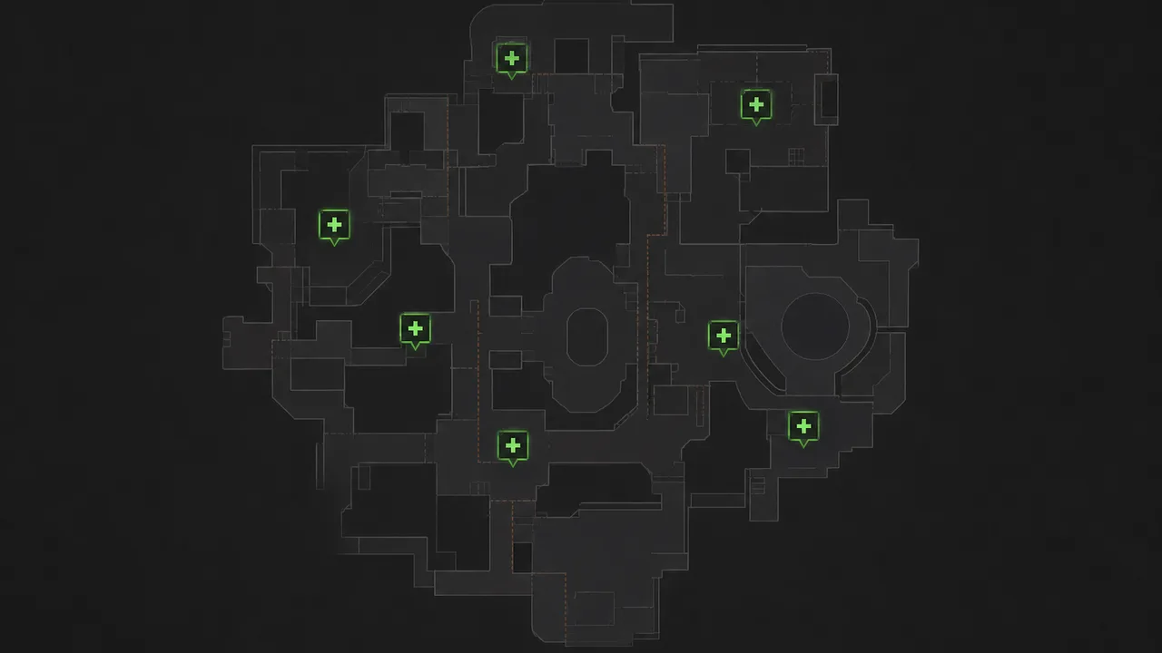 Abstract health pack and ult charge overlays on a dark Overwatch 2 route grid