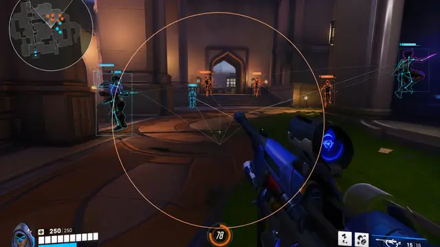 Overwatch 2 PvP positioning with ESP skeleton markers showing peek angles