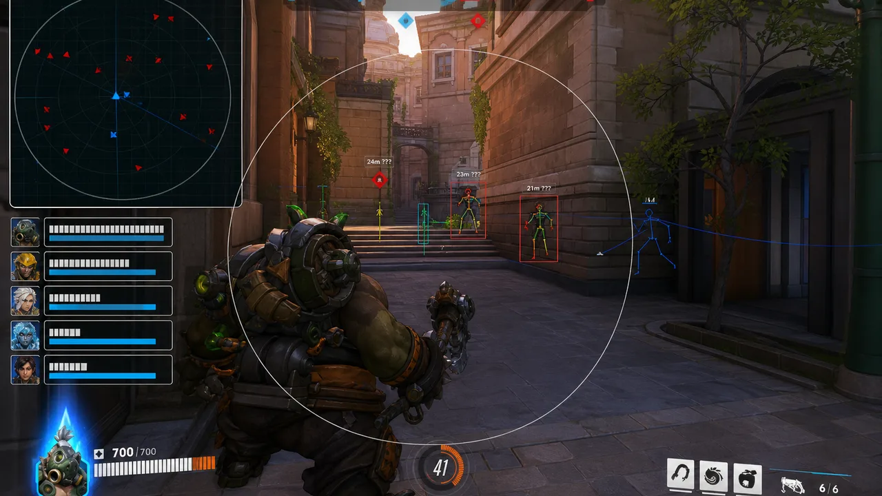 Overwatch 2 off-angle hold with ESP showing approaching enemies at medium distance