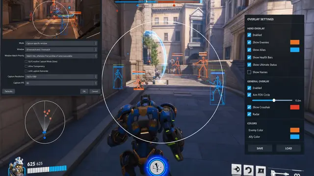 Overwatch 2 gameplay with OBS stream layout and overlay capture settings