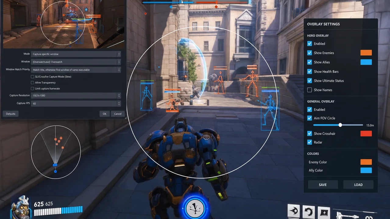 Overwatch 2 gameplay with OBS stream layout and overlay capture settings