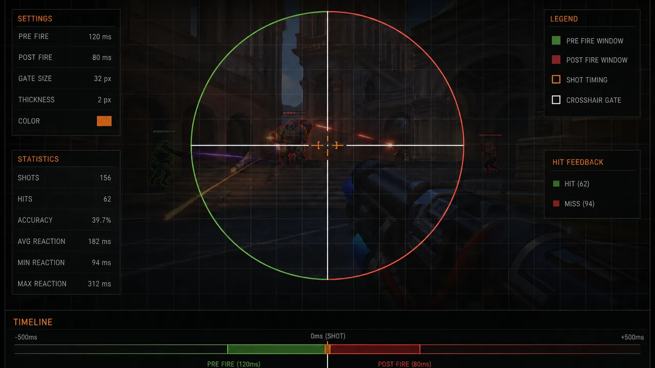 Trigger timing overlay with crosshair gate on dark Overwatch 2 combat grid