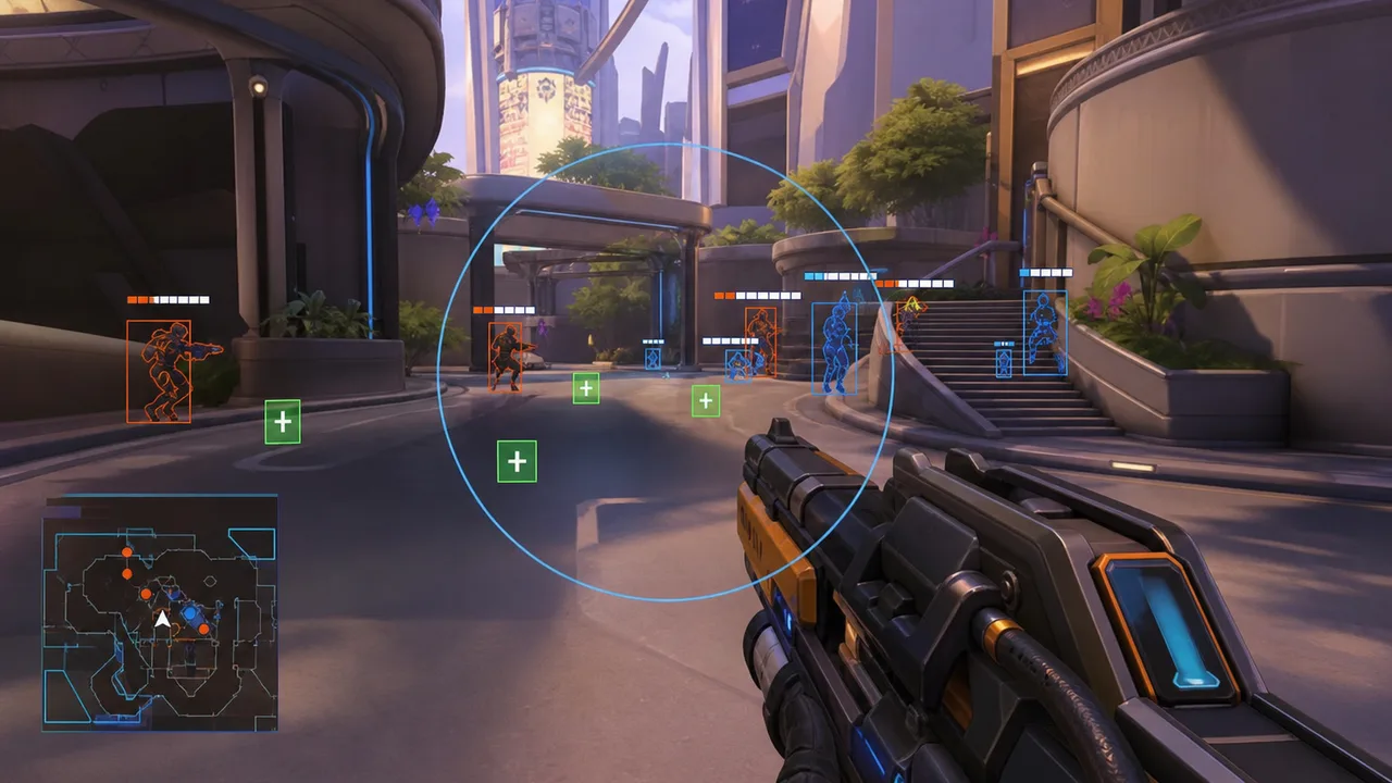 Xray tier corner box ESP with distance readout on Overwatch 2 map