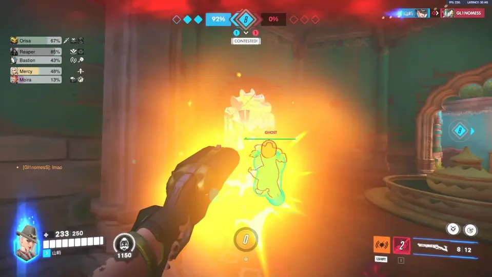 Overwatch 2 aimbot — Ashe combat with highlighted enemy during a team fight